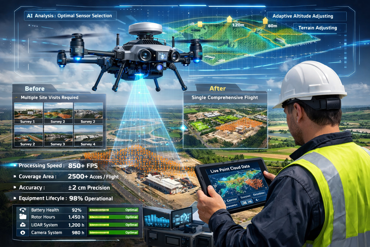Landscape format (1536x1024) advanced autonomous drone surveying technology showcase for 2026 implementation. Main subject: high-tech survey