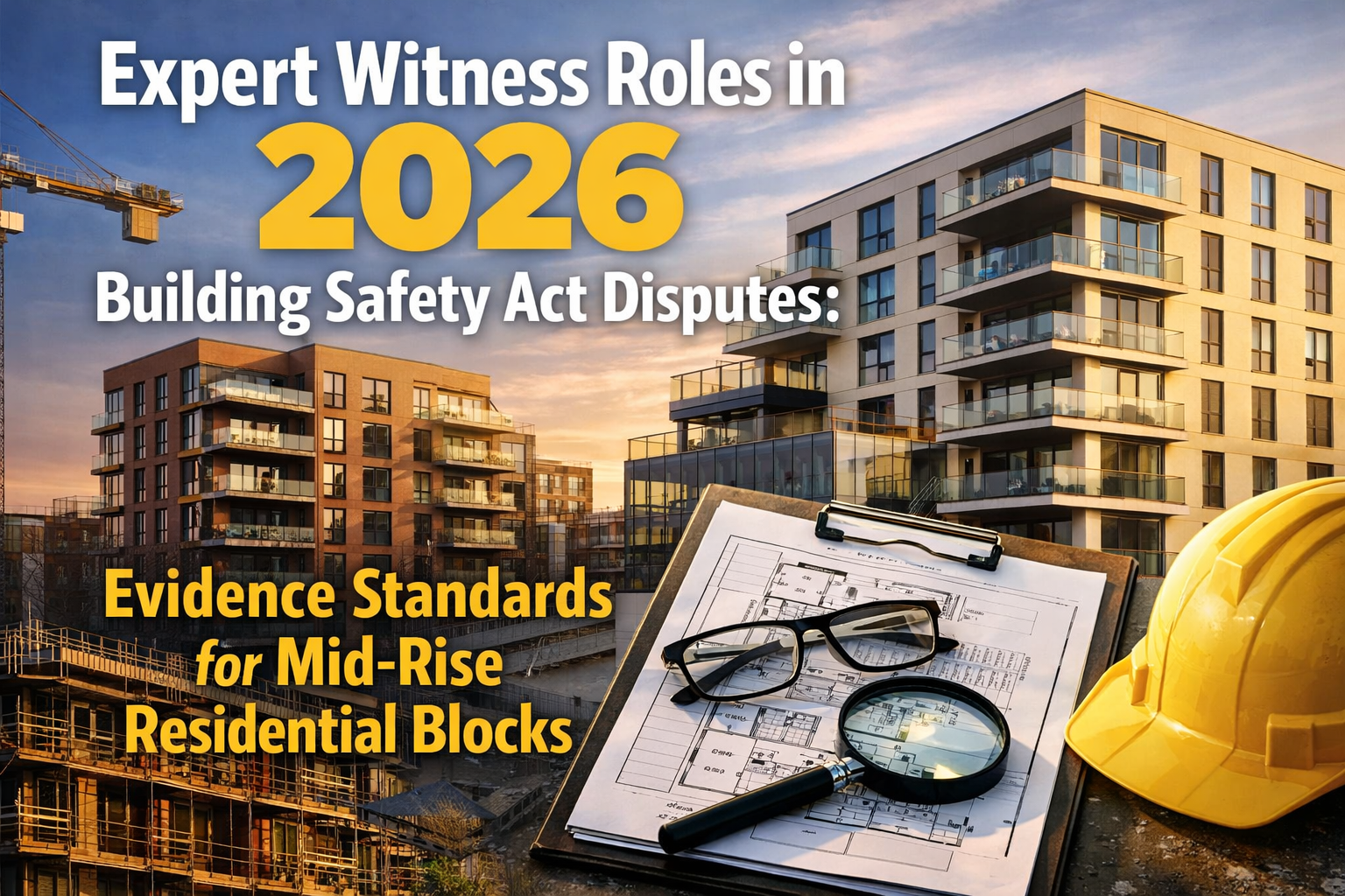 Professional landscape hero image () with : "Expert Witness Roles in 2026 Building Safety Act Disputes: Evidence Standards