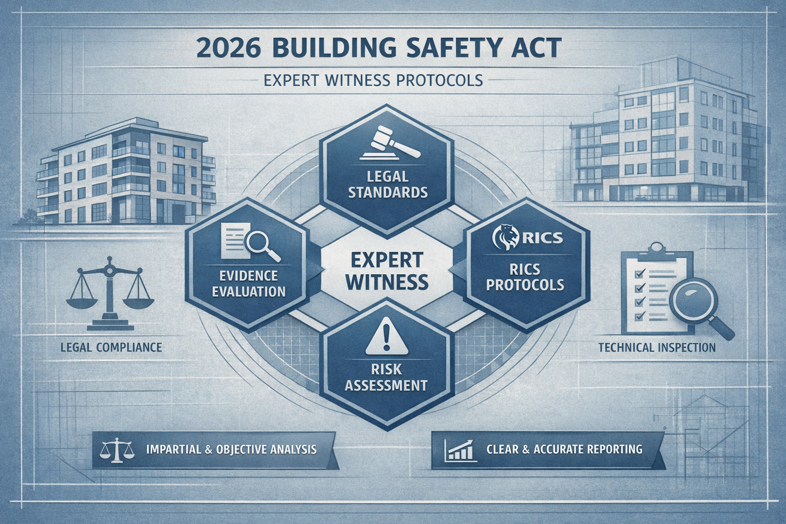 Infographic-style visual mapping key insights of 2026 Building Safety Act Expert Witness protocols, featuring architectural