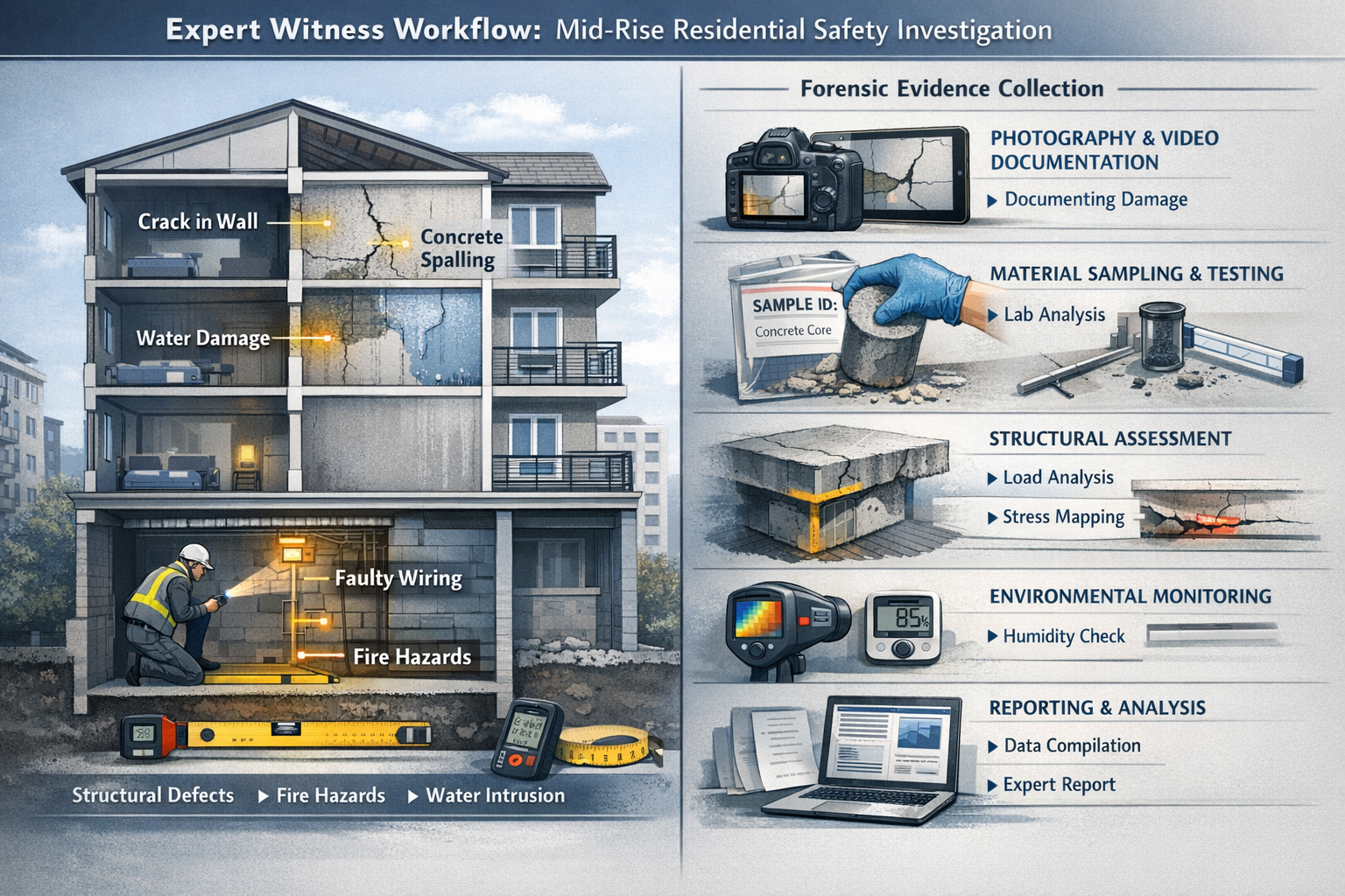 Technical illustration depicting expert witness workflow for mid-rise residential block safety investigations, showcasing