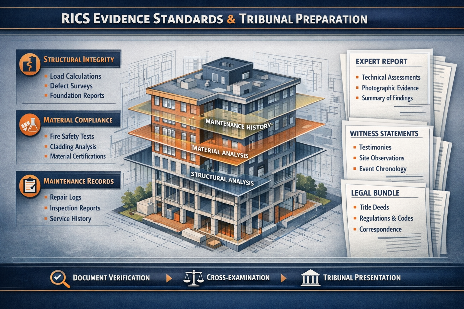 Comprehensive visual representation of RICS evidence standards and tribunal preparation protocols, featuring layered