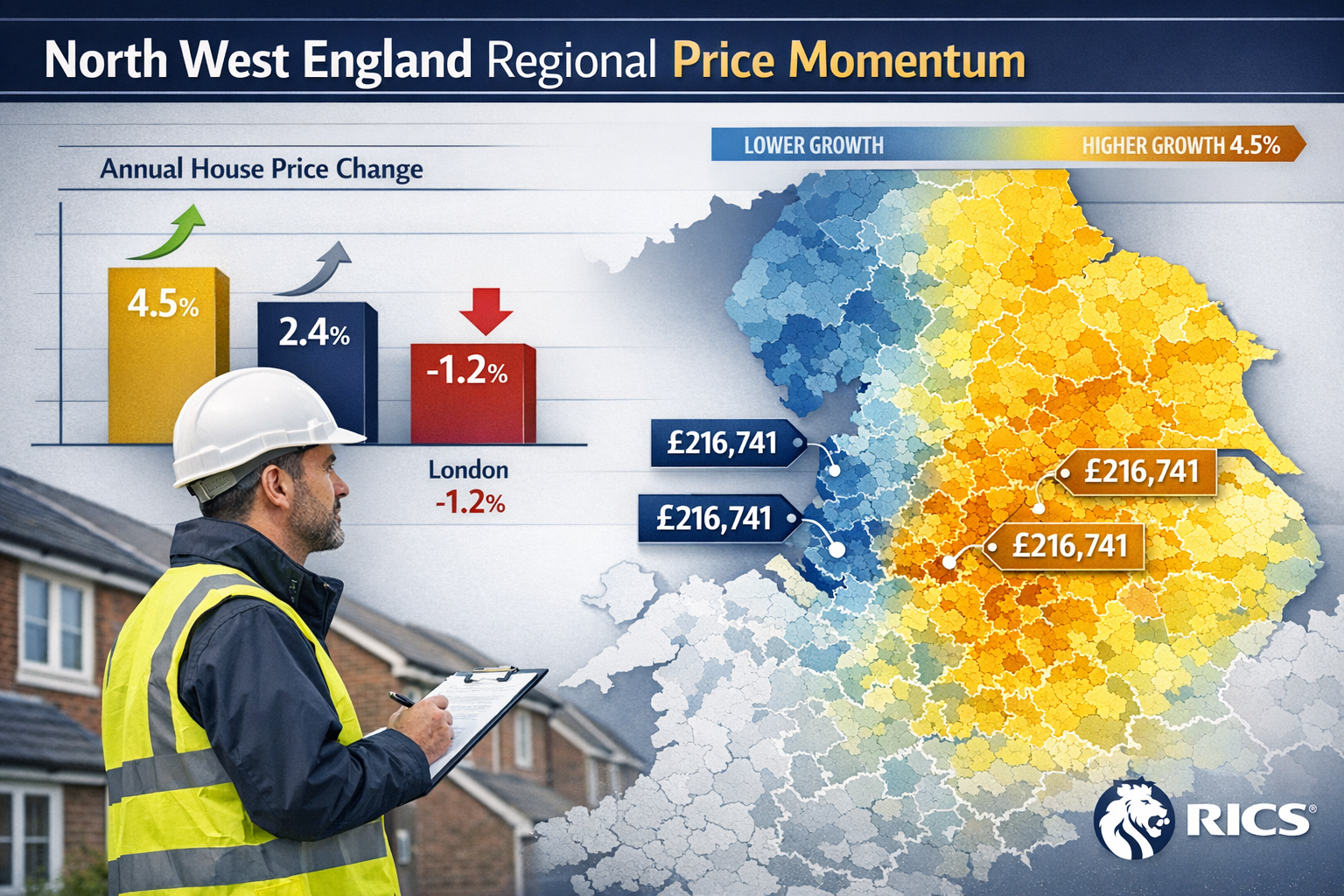 Landscape format (1536x1024) detailed infographic showing North West England regional price momentum map with heat-mapped areas of Mancheste
