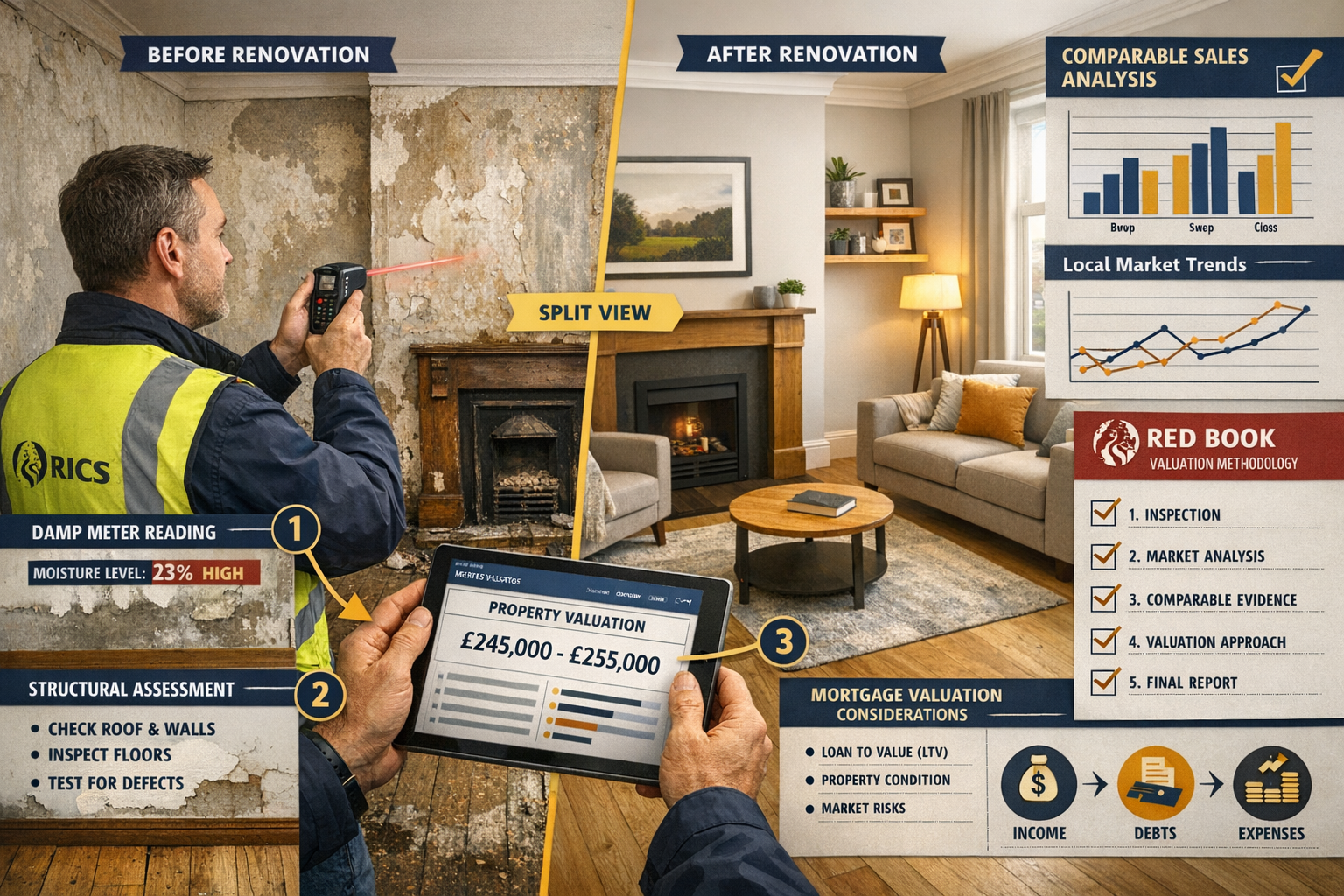 Landscape format (1536x1024) professional composition showing chartered surveyor conducting detailed property valuation inspection inside Vi