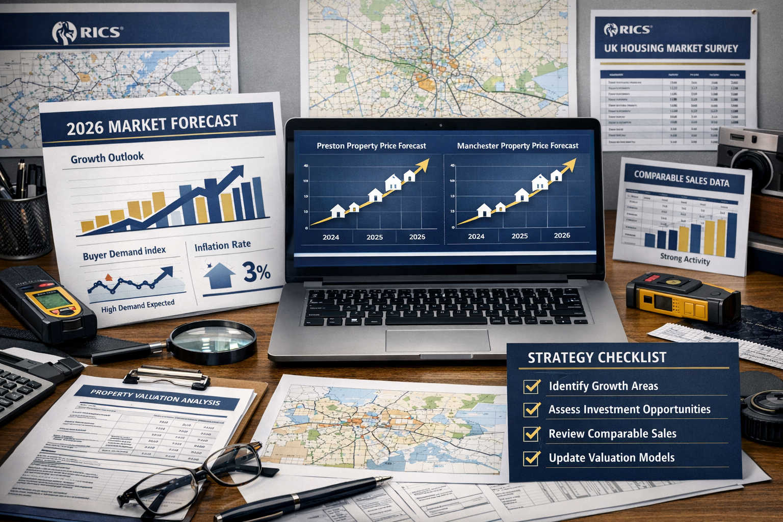 Landscape format (1536x1024) forward-looking strategic planning scene showing surveyor's desk with 2026 market forecast documents, laptop di