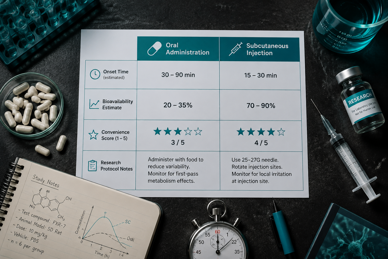 Detailed () showing a research comparison table visualization rendered as a 3D flat-lay overhead shot on a dark slate