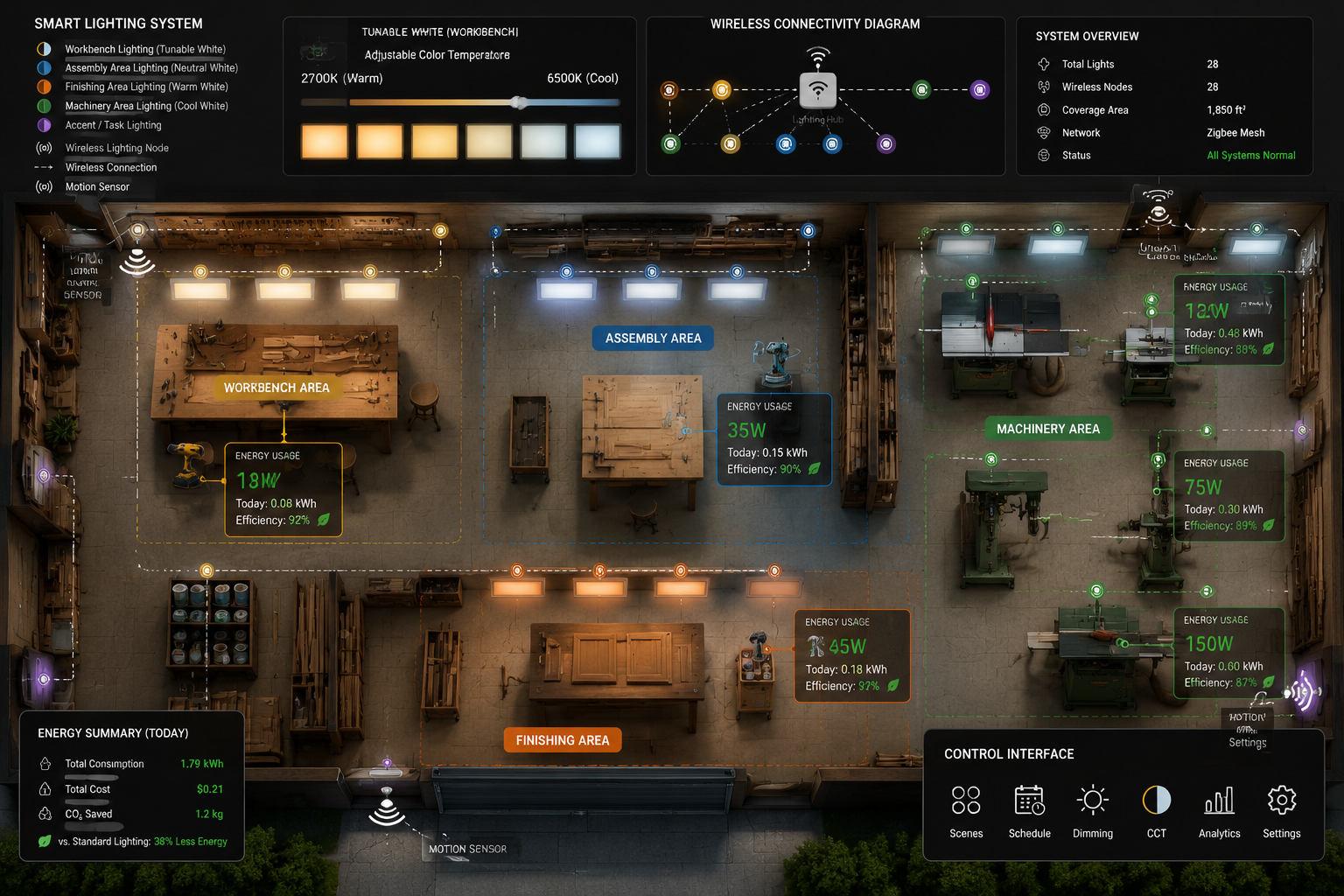 () image depicting a detailed overhead view of a woodworking workshop layout, highlighting various zones (workbench,