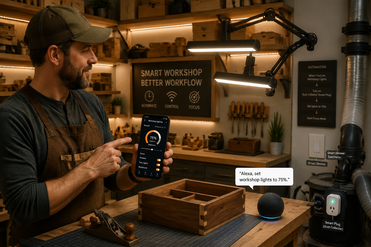 () image showcasing a woodworker demonstrating the integration of smart lighting controls in a workshop. The woodworker