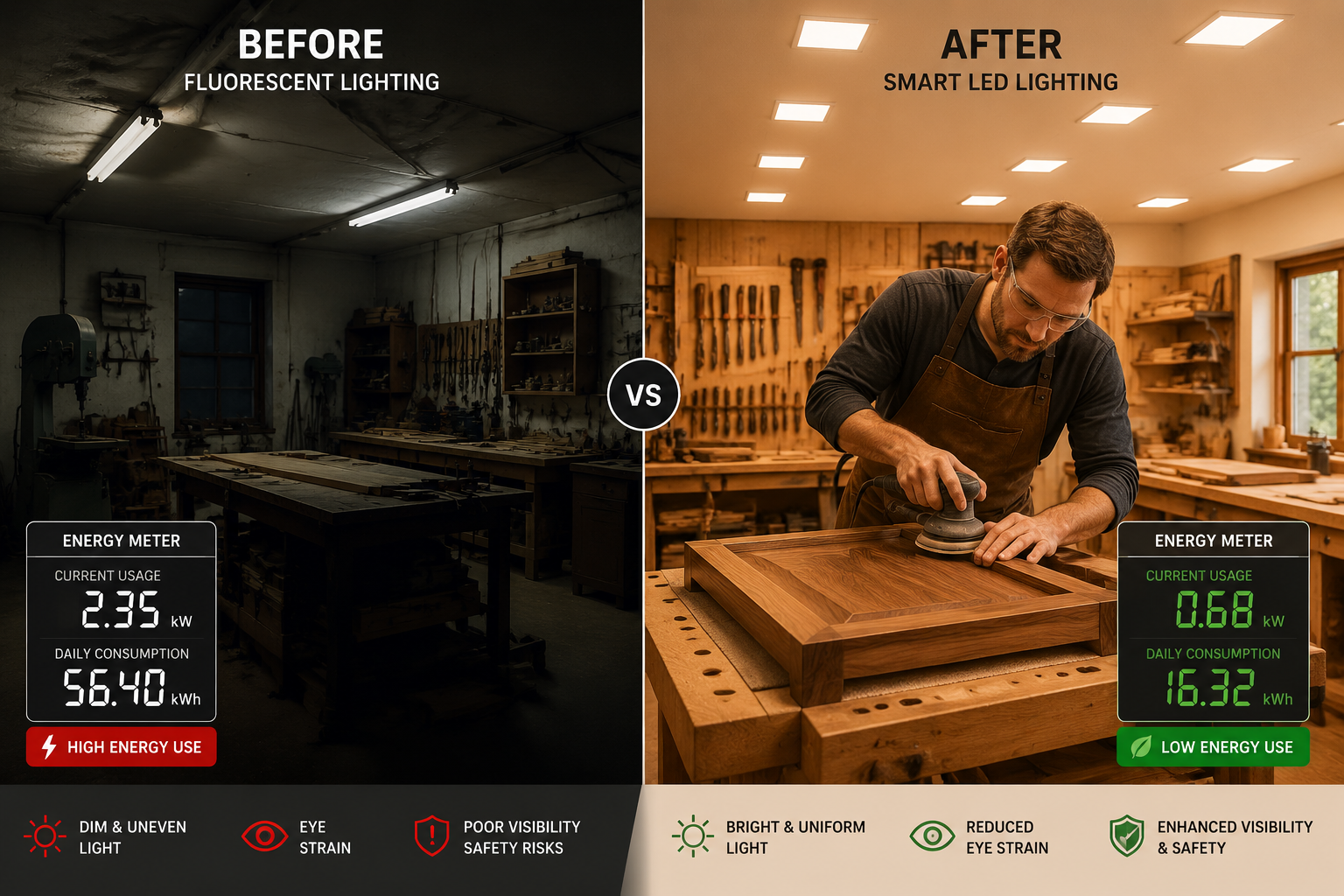 () image illustrating a before-and-after comparison within the same woodworking shop. One side shows dim, uneven,