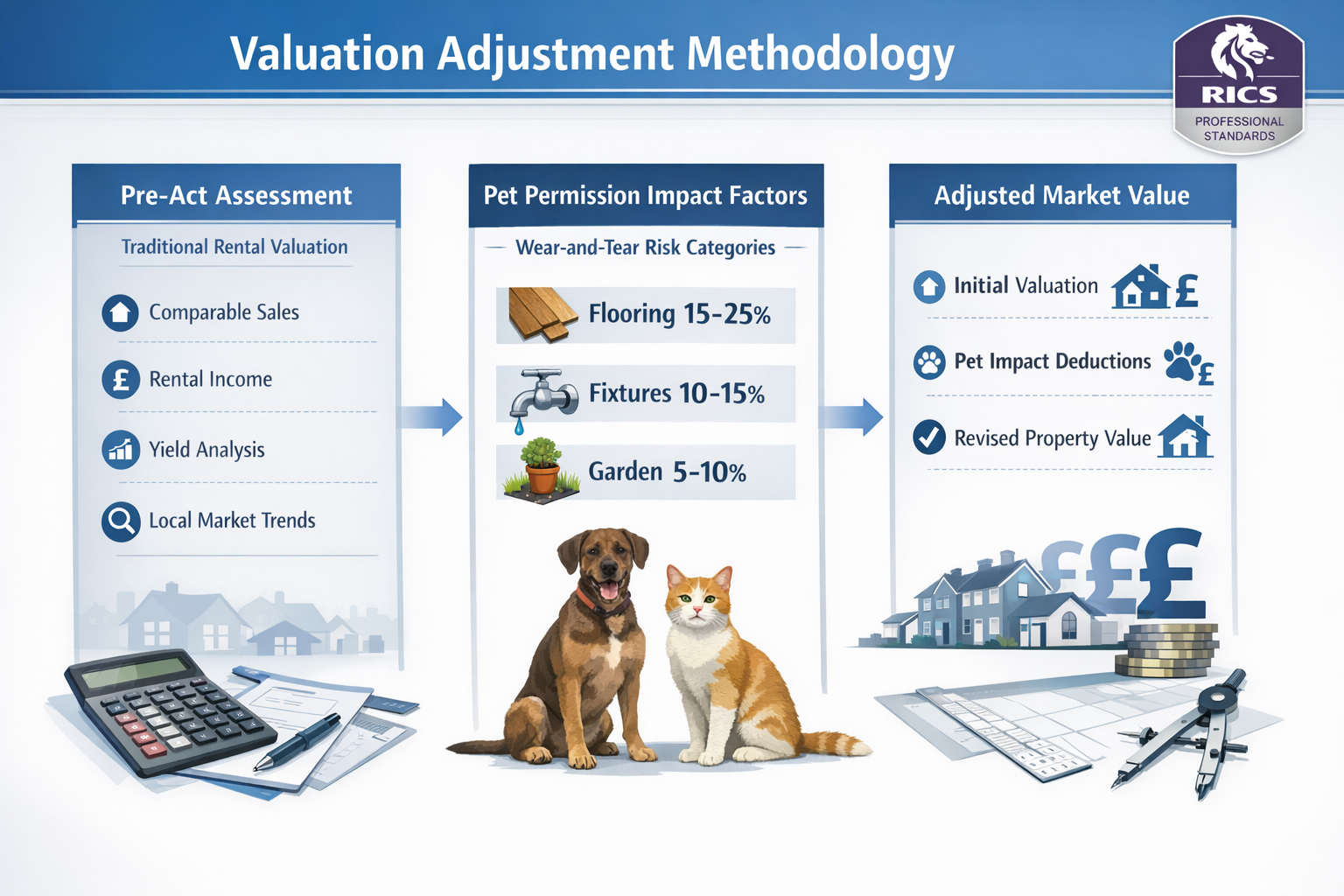() detailed infographic showing valuation adjustment methodology flowchart with three distinct columns: 'Pre-Act Assessment'