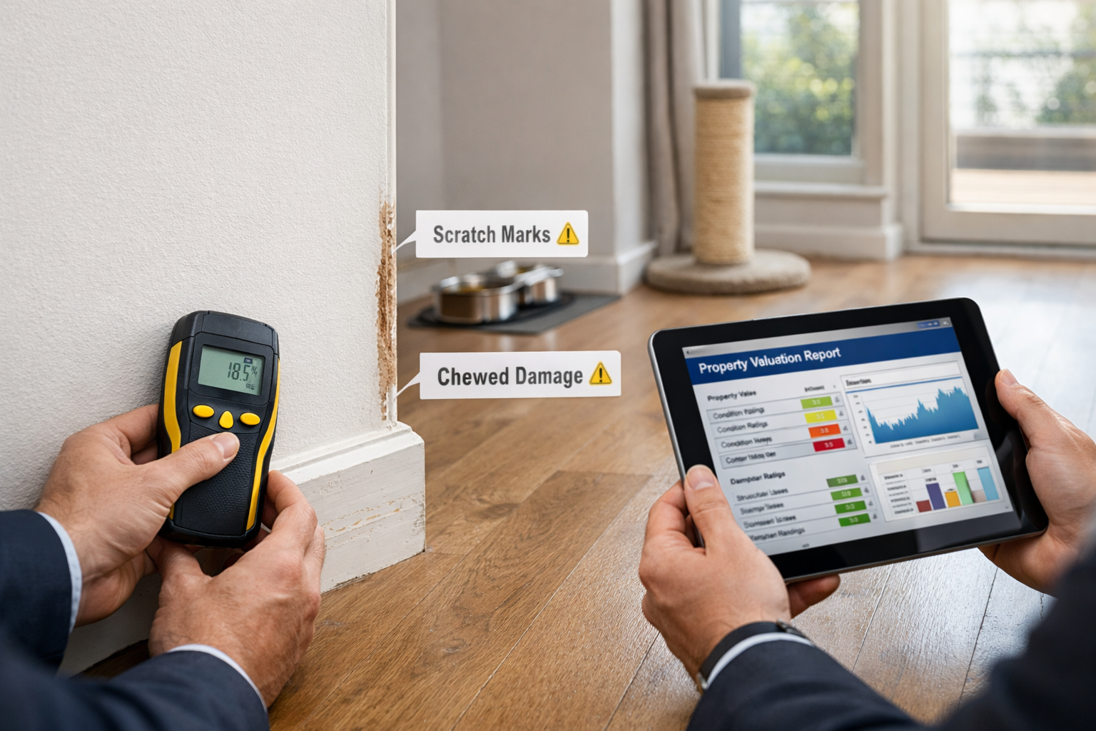 () professional photograph showing chartered surveyor conducting property inspection in modern rental apartment, examining