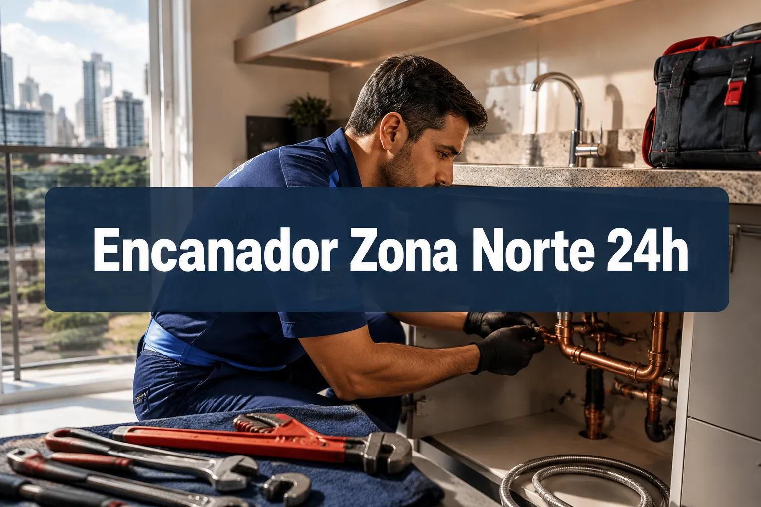 Professional () hero image with (≤42 chars): 'Encanador Zona Norte 24h', white on a deep navy semi-transparent panel,