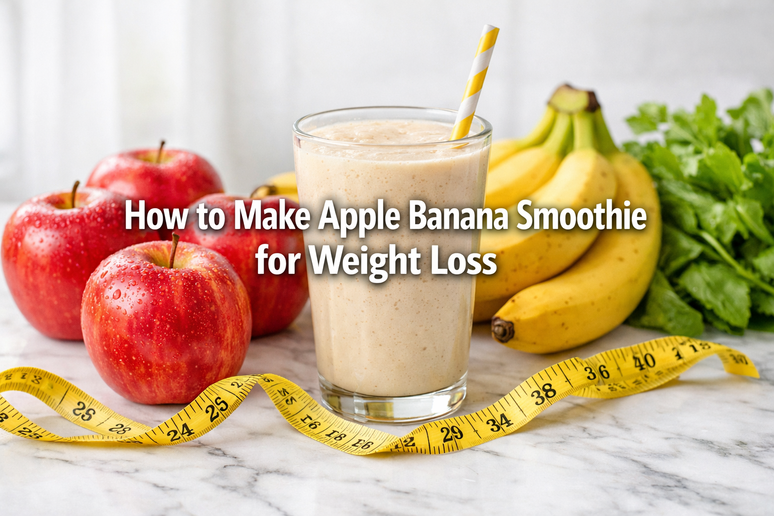 Professional landscape hero image (1536x1024) with bold text overlay 'How to Make Apple Banana Smoothie for Weight Loss' in 72pt white sans-
