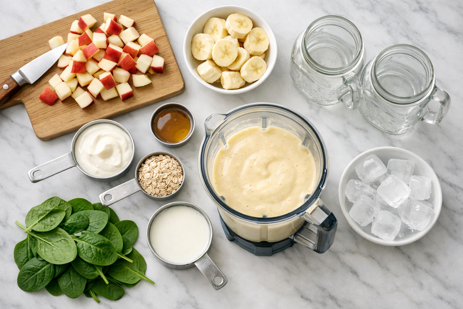 Overhead flat lay composition showing step-by-step apple banana smoothie preparation: fresh red apples being chopped, peeled banana slices, 