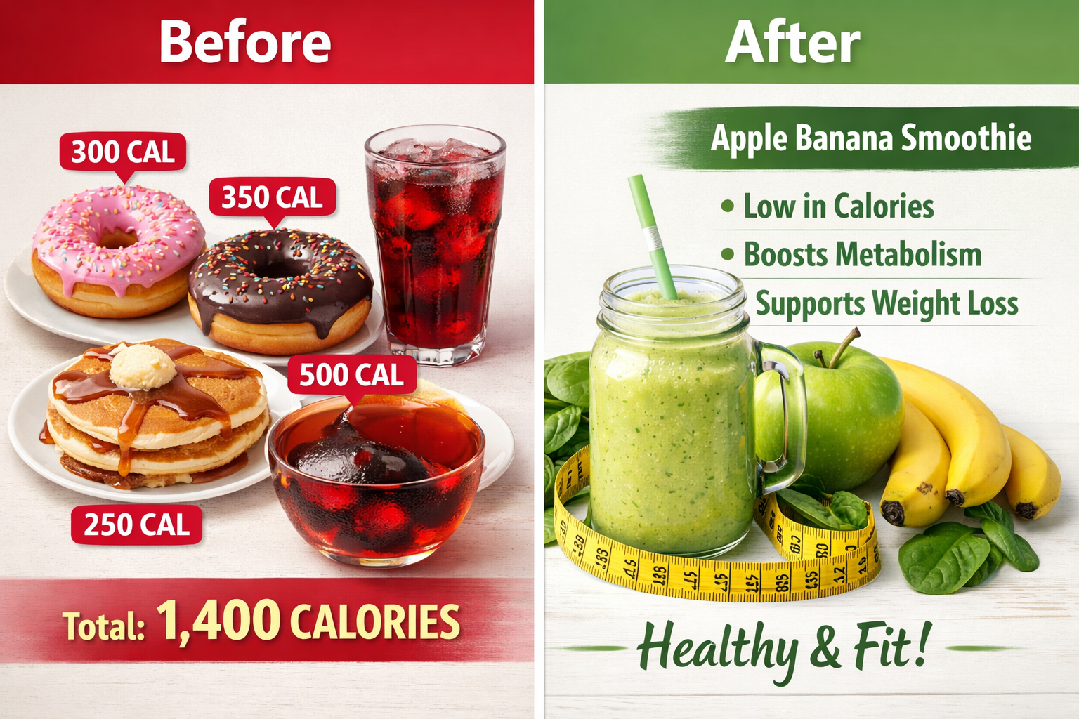 Split-screen comparison image showing before/after concept: left side displays high-calorie breakfast items like donuts and sugary drinks wi