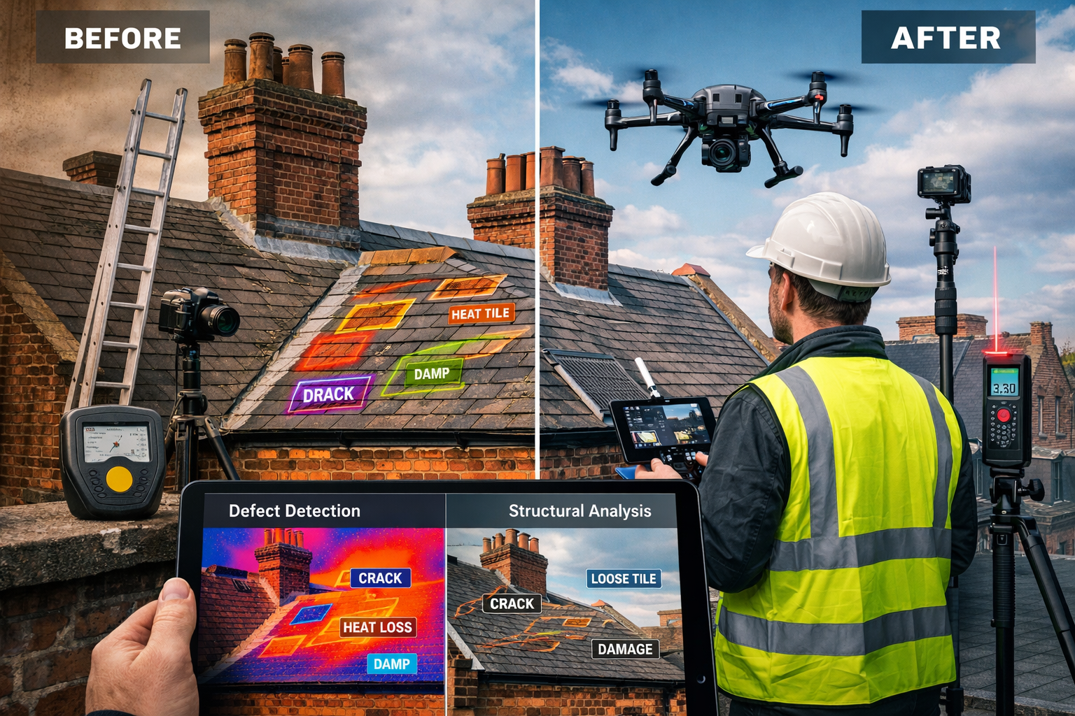 () futuristic technology integration scene showing professional surveyor in high-visibility vest operating commercial drone