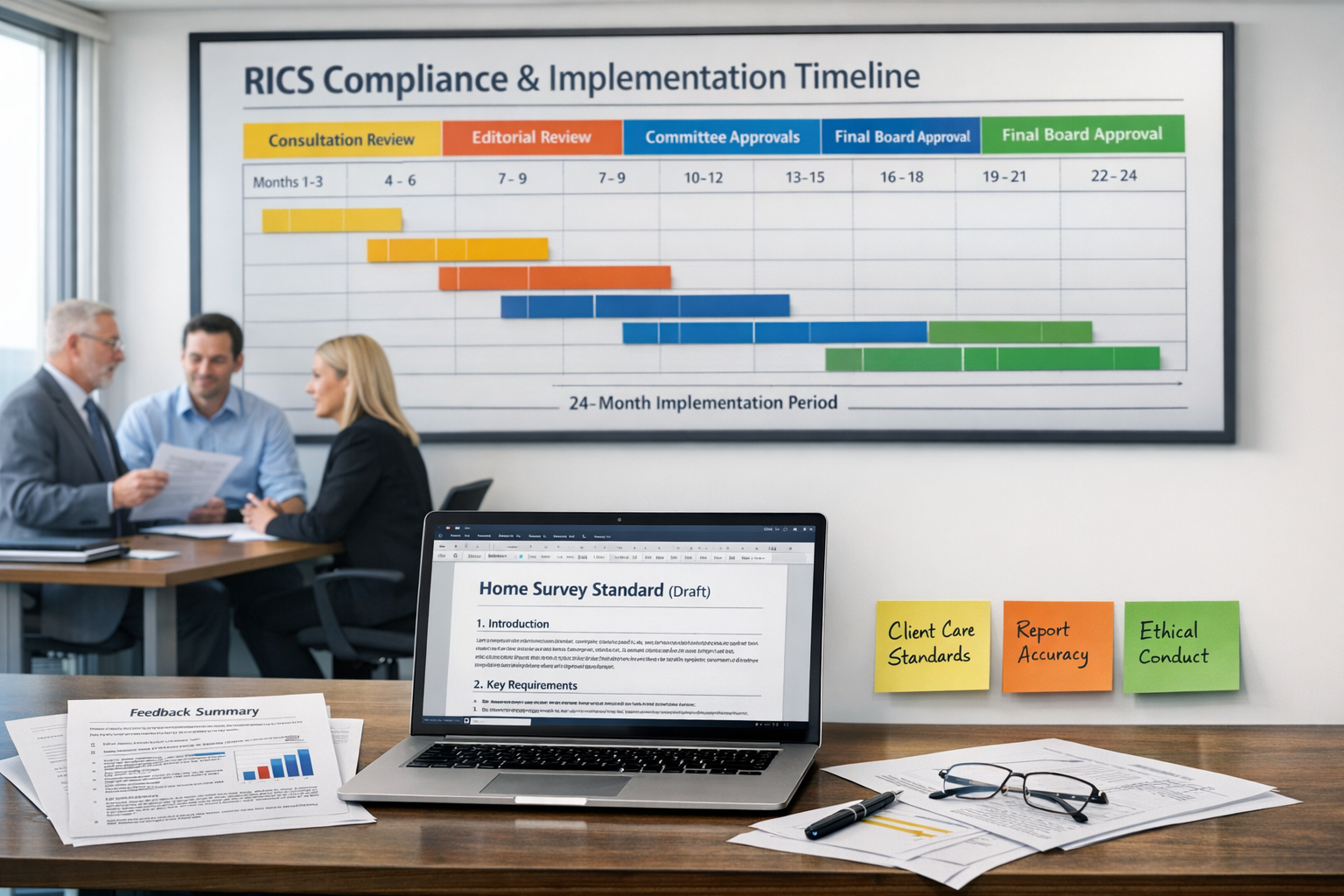 () professional office environment showing RICS compliance checklist and implementation timeline visualization. Large