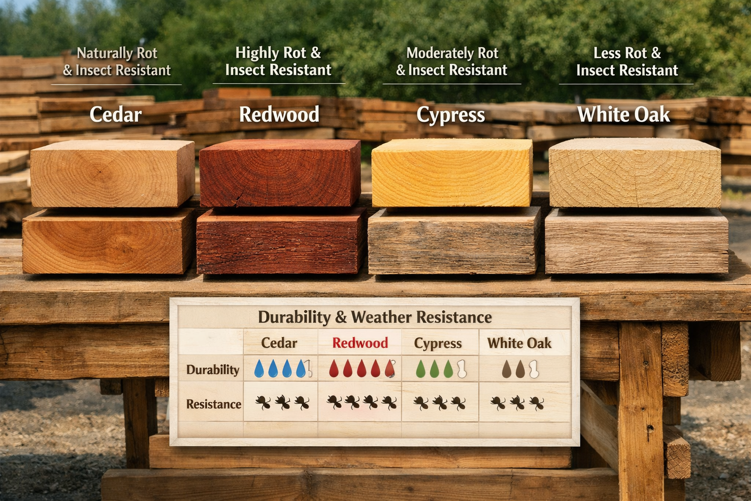 A detailed () image comparing various untreated wood species side-by-side, such as cedar, redwood, cypress, and white oak,