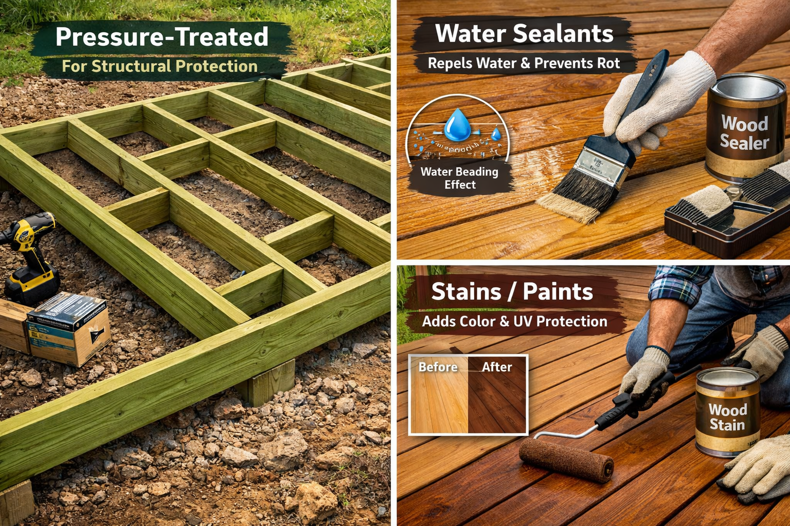 A clear () image illustrating different wood treatment methods. One section shows pressure-treated lumber (greenish tint)