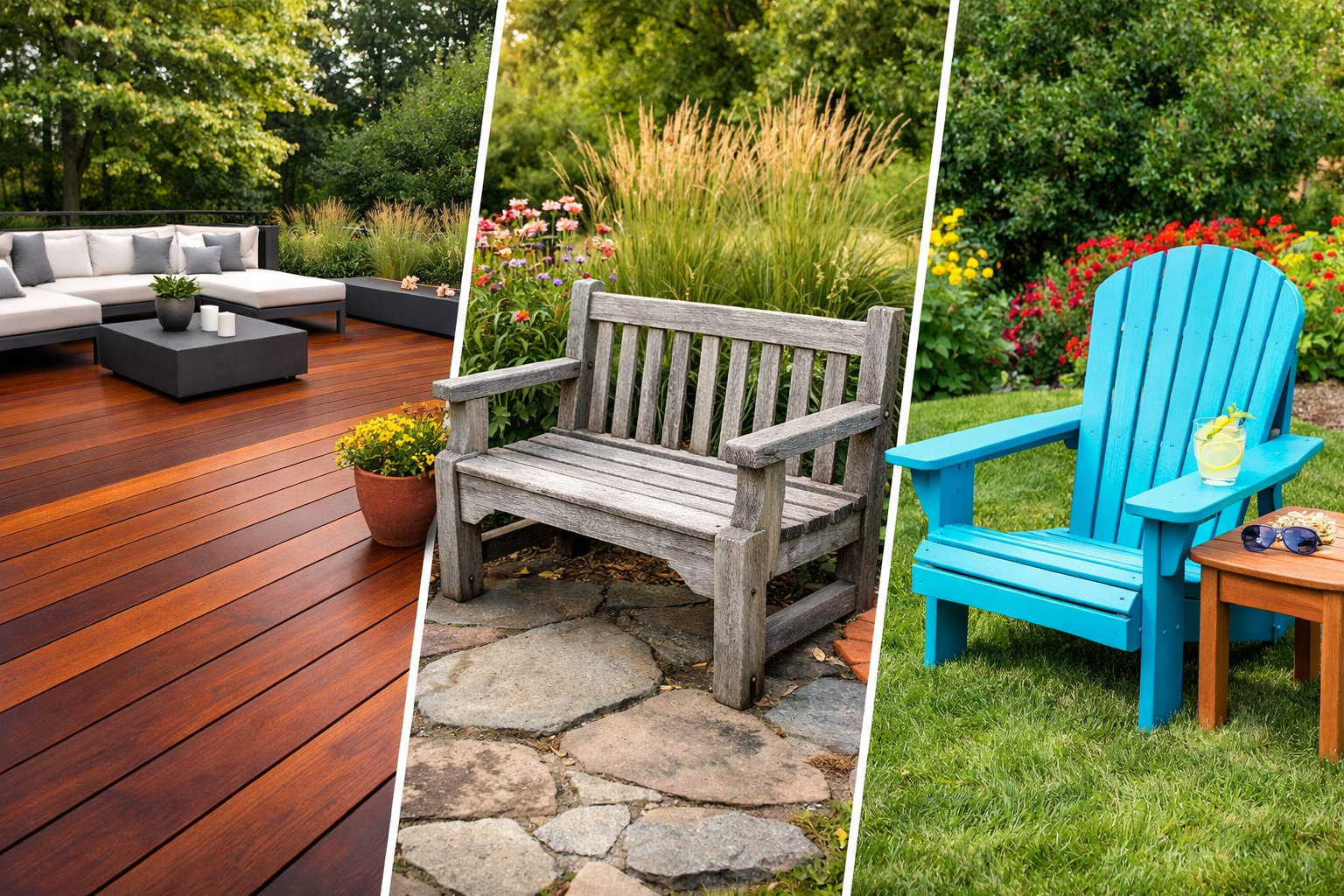 A visually appealing () image showcasing finished outdoor projects made from different wood types to highlight their