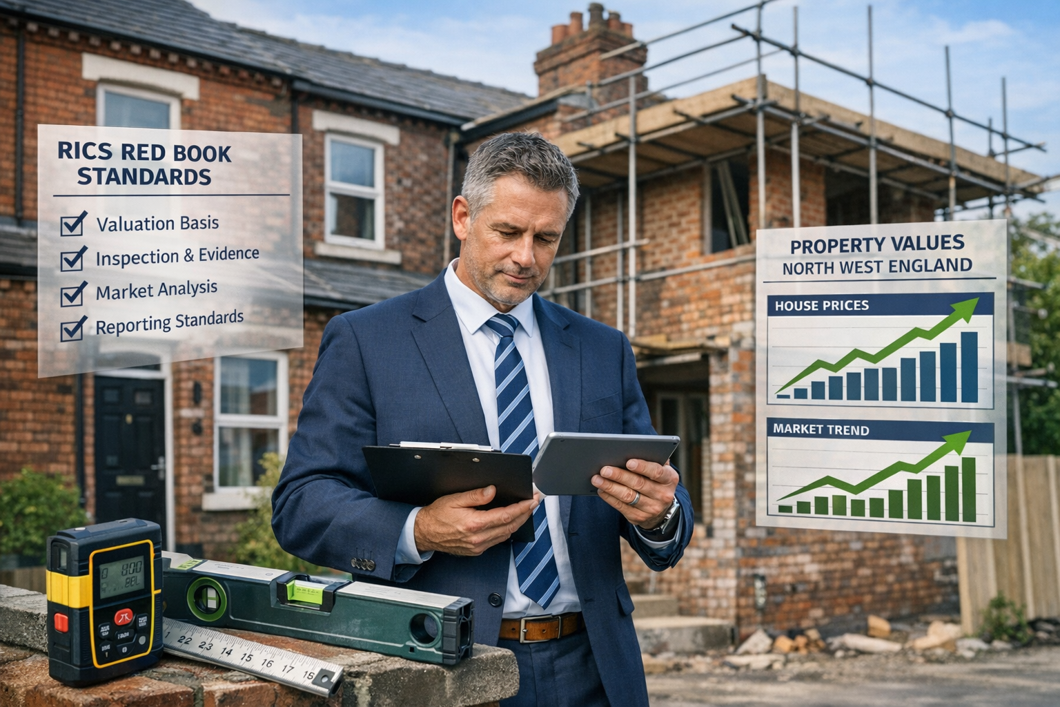 Detailed () image showing professional RICS chartered surveyor in business attire examining residential property improvement