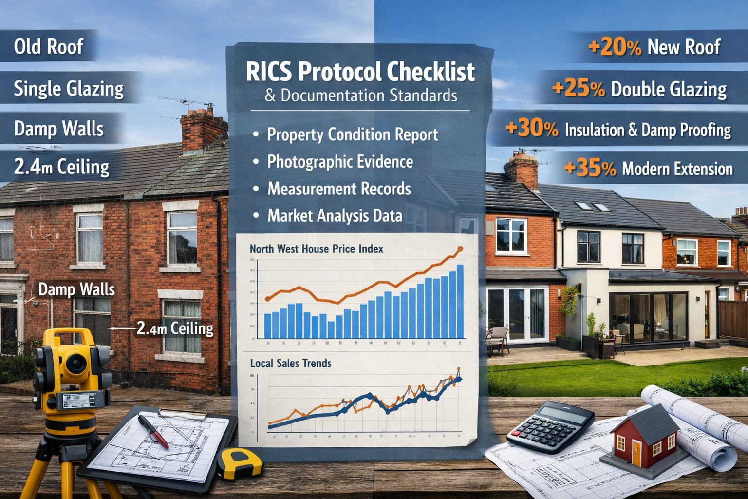 Detailed () image showing split-screen comparison of traditional Victorian terraced properties and modern housing