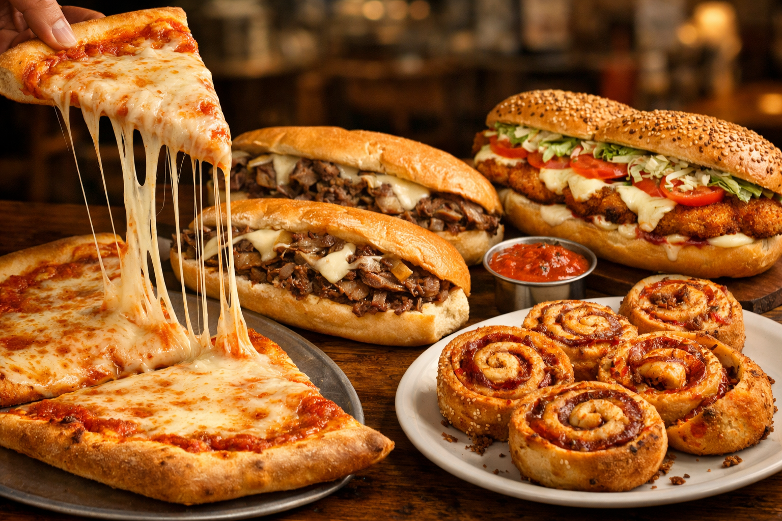 Detailed landscape image (1536x1024) of signature menu items including New York style pizza slices with perfect cheese pull, ribeye cheesest