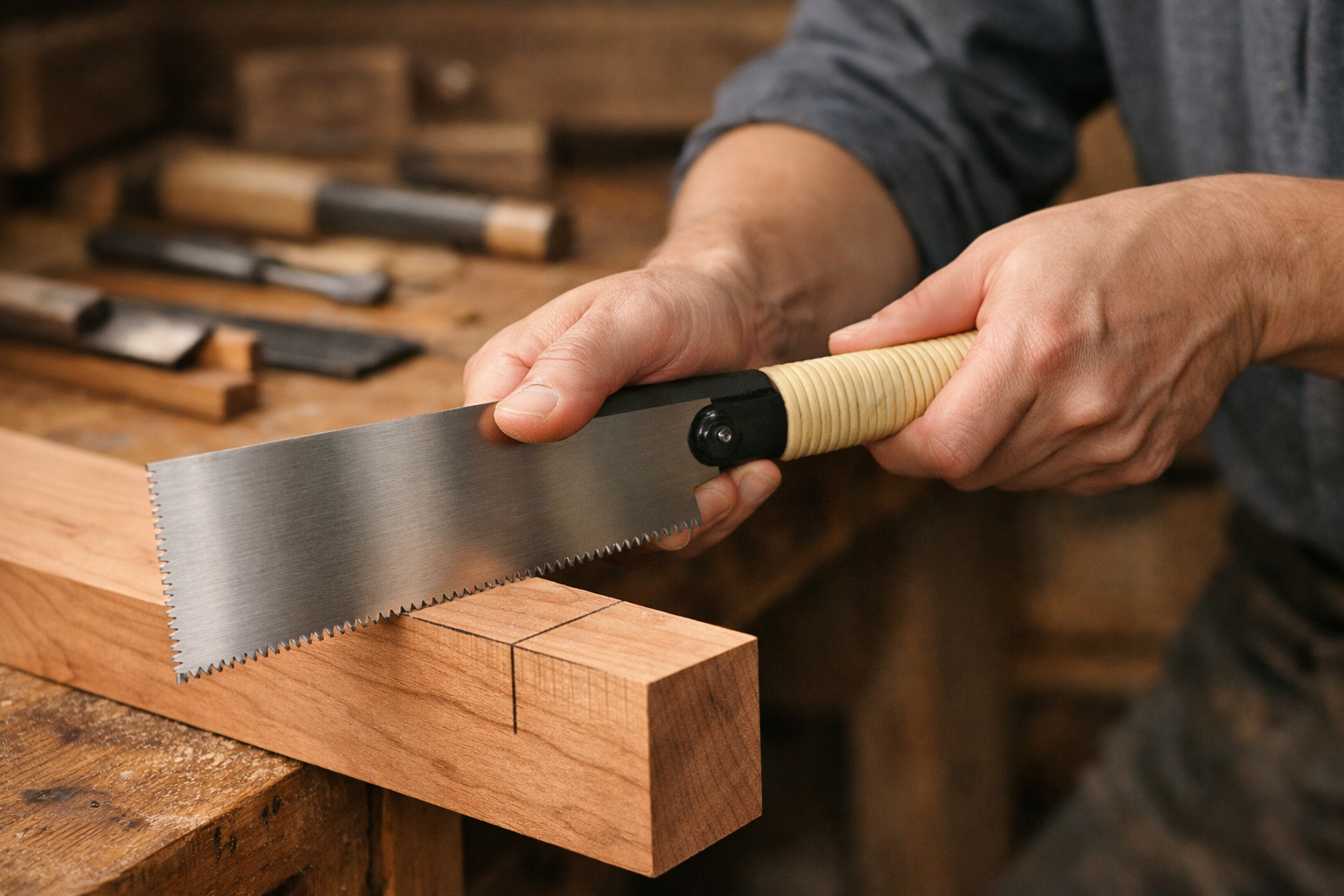 Detailed () image showing a close-up of a woodworker's hands expertly gripping a *ryoba* Japanese saw, demonstrating the