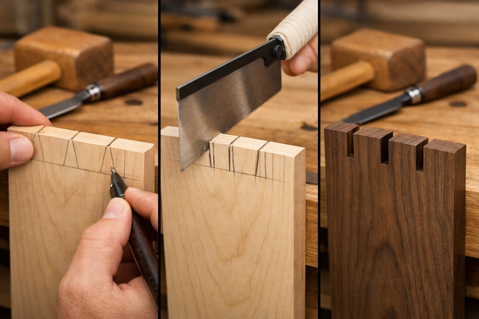Detailed () image illustrating a sequence of cuts for a dovetail joint using a *dozuki* Japanese saw. The image is split