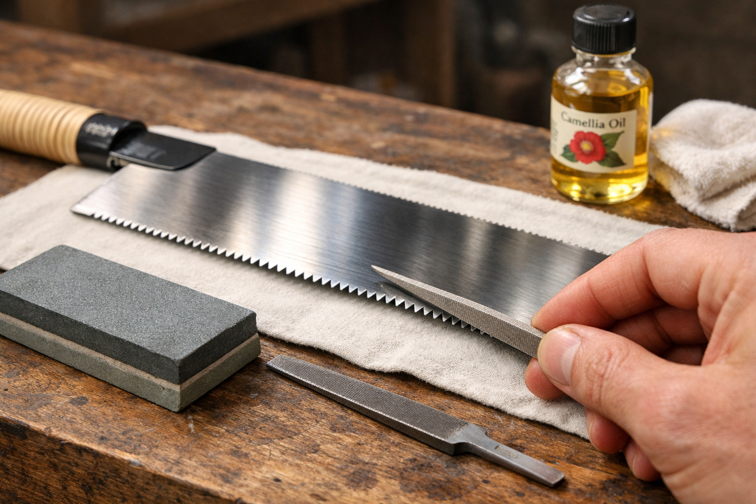 Detailed () image focusing on the maintenance and sharpening of a *kataba* Japanese hand saw. The foreground shows a