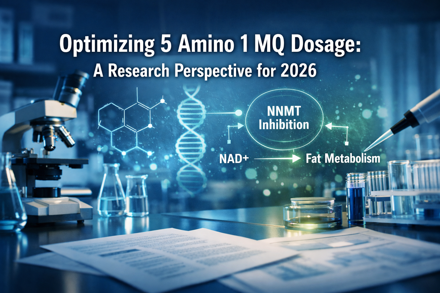 Professional landscape hero image (1536x1024) with bold text overlay: 'Optimizing 5 Amino 1 MQ Dosage: A Research Perspective for 2026', in 