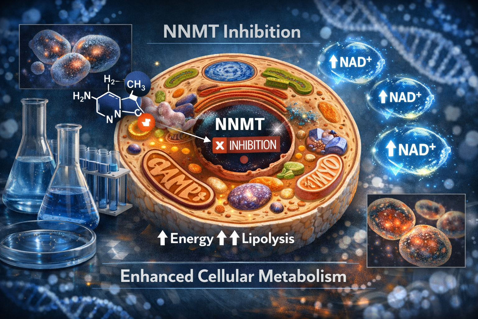 A detailed editorial-quality landscape image (1536x1024) illustrating the complex cellular mechanisms influenced by 5 amino 1 mq. The centra