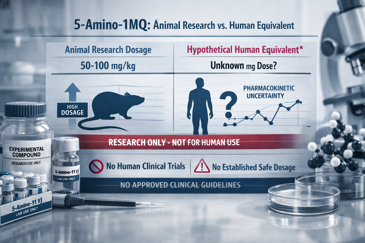 An editorial landscape image (1536x1024) depicting a clean, controlled laboratory environment with vials and scientific instruments, clearly