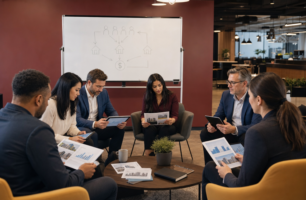 Wide-angle shot of a real estate investment group meeting in a contemporary co-working space, showing six investors of