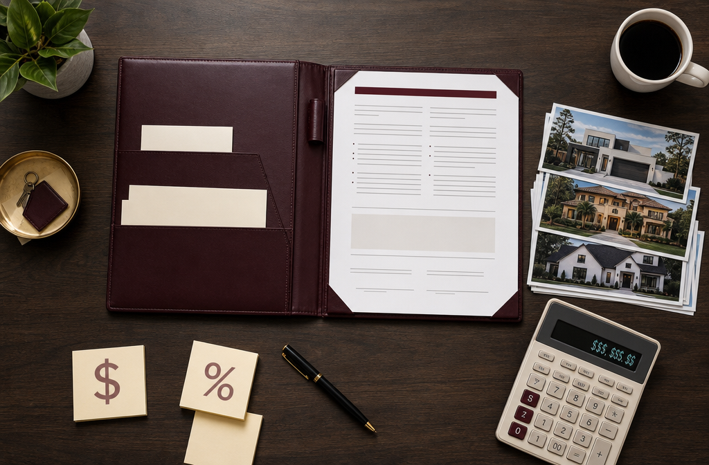 Overhead flat-lay composition on a dark walnut desk showing a real estate investment group starter kit: a leather portfolio