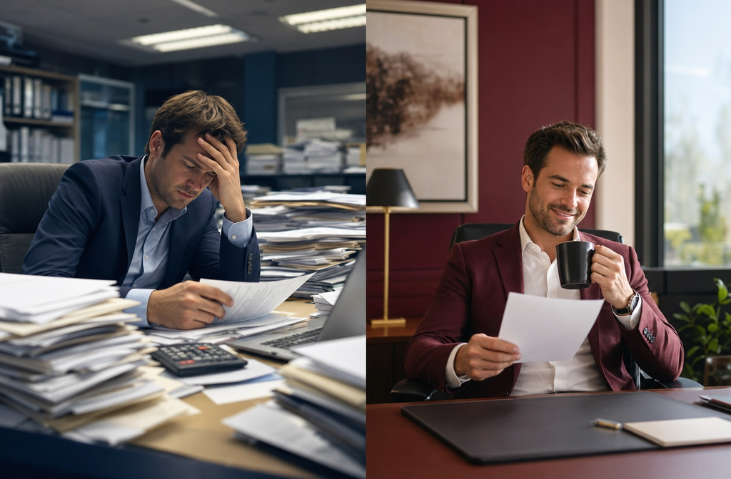 Split-scene landscape image showing two contrasting investor scenarios side by side: on the left, a solo investor looking