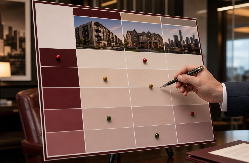 Close-up editorial photograph of a financial risk assessment board in a real estate investment office showing a large