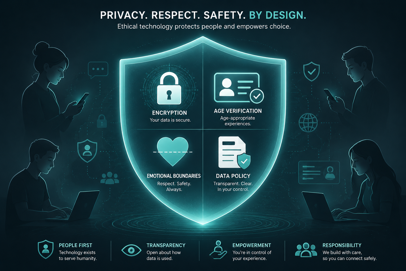 () conceptual illustration depicting a digital privacy and ethics shield concept: a glowing translucent shield in the center