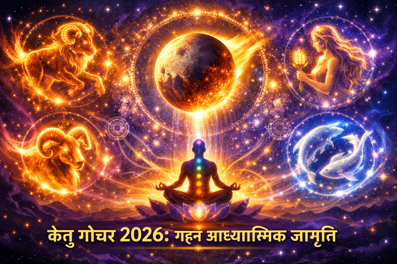 एक विस्तृत लैंडस्केप प्रारूप (1536x1024) छवि जिसमें एक विशाल, चमकता हुआ 'केतु' ग्रह दिखाया गया है जो पूर्वा फाल्गुनी नक्षत्र में प्रवेश कर र