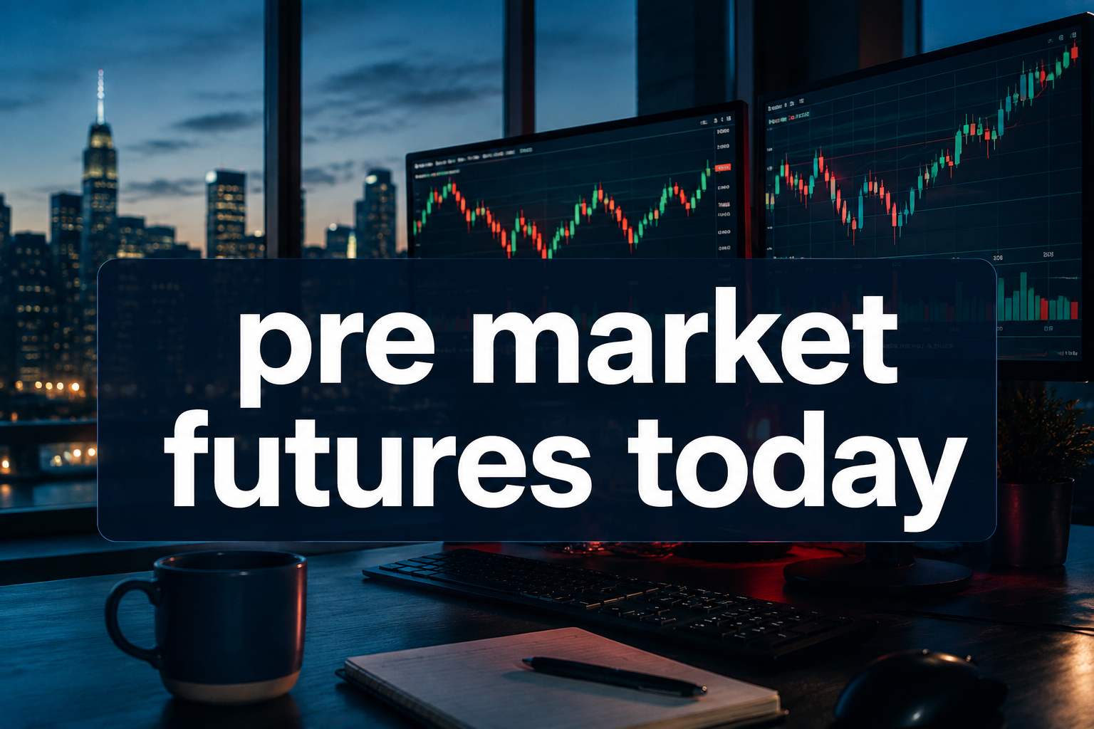 Pre market futures today on a pre-dawn trading desk with index futures charts