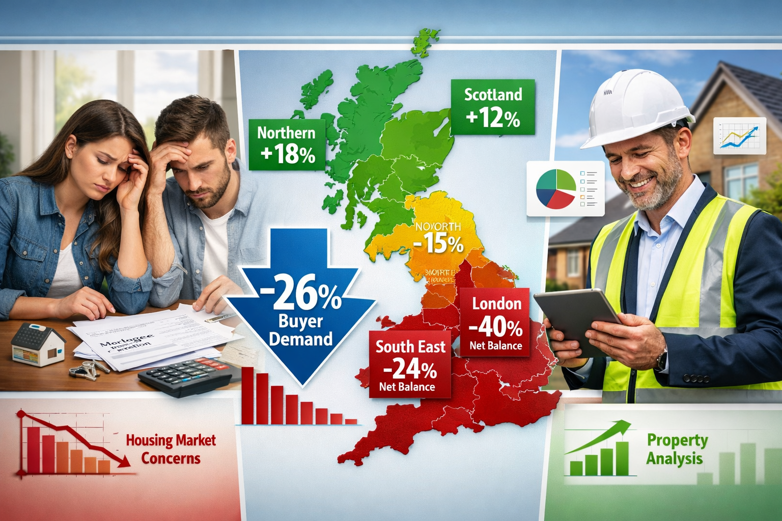 Detailed () infographic showing UK housing market regional divergence map with color-coded regions indicating price trends: