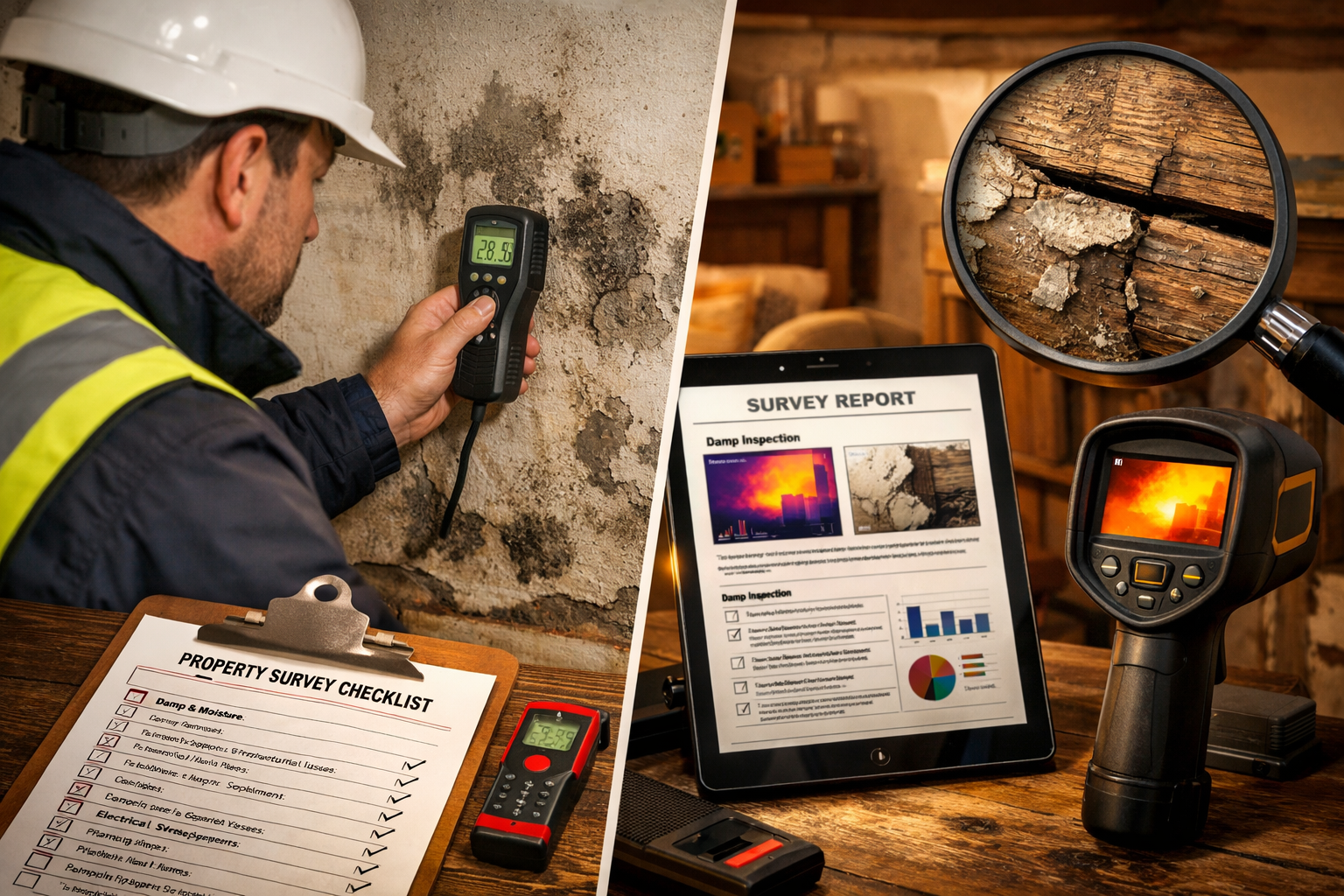 () professional scene showing building surveyor conducting detailed property inspection inside period property, close-up of