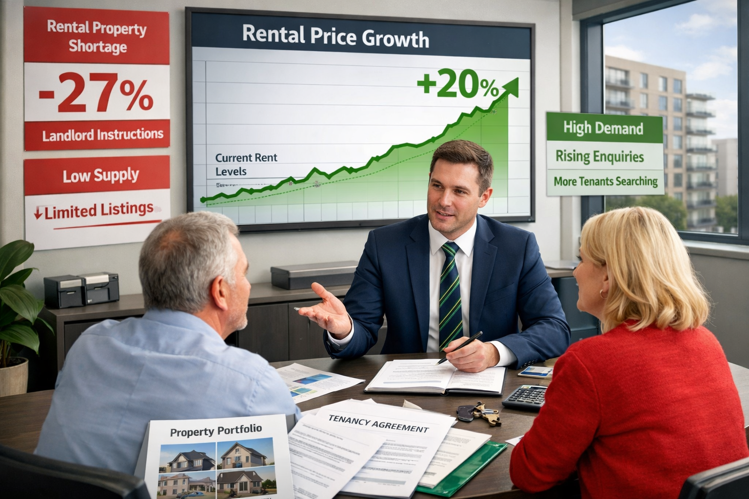() rental market visualization featuring landlord and tenant consultation scene in modern letting agency office, large wall