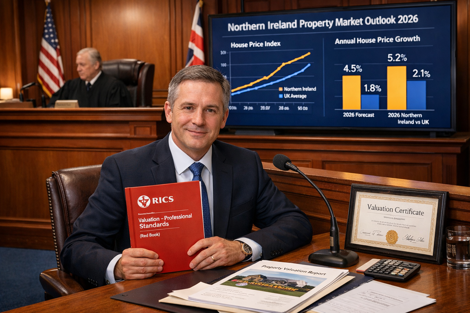 Detailed () editorial image showing professional courtroom setting with expert witness stand in foreground, male chartered