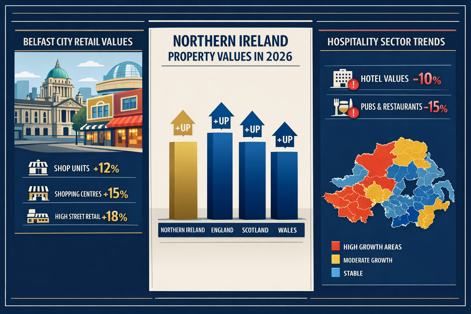 Detailed () infographic-style image displaying Northern Ireland commercial property valuation data with three distinct