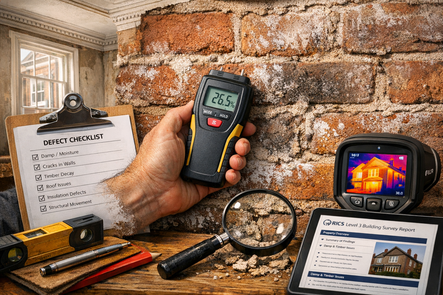 () close-up scene of RICS Level 3 Building Survey in progress showing surveyor's hands holding moisture meter against