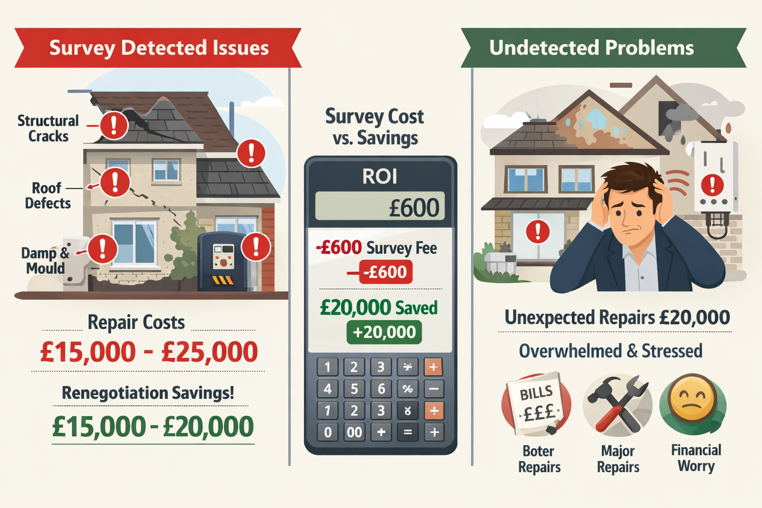 () comparative visual showing two property scenarios side-by-side: left panel displays 'Survey Detected Issues' with red
