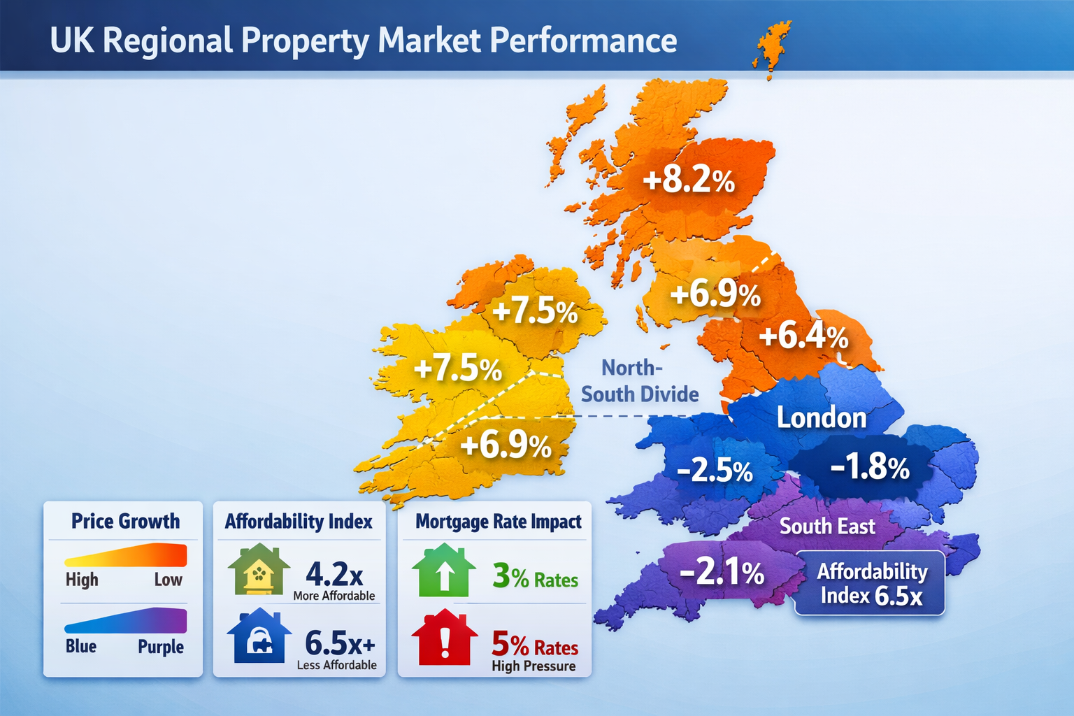 Detailed () image depicting UK regional property market performance map with heat map visualization showing north-south