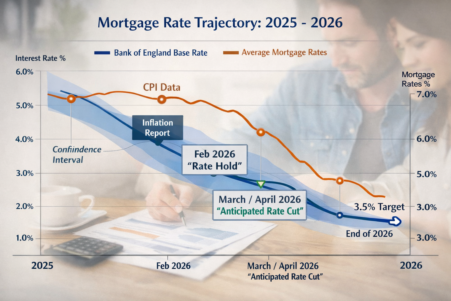 Detailed () image showing mortgage rate trajectory visualization with dual-axis line graph: one line tracking Bank of