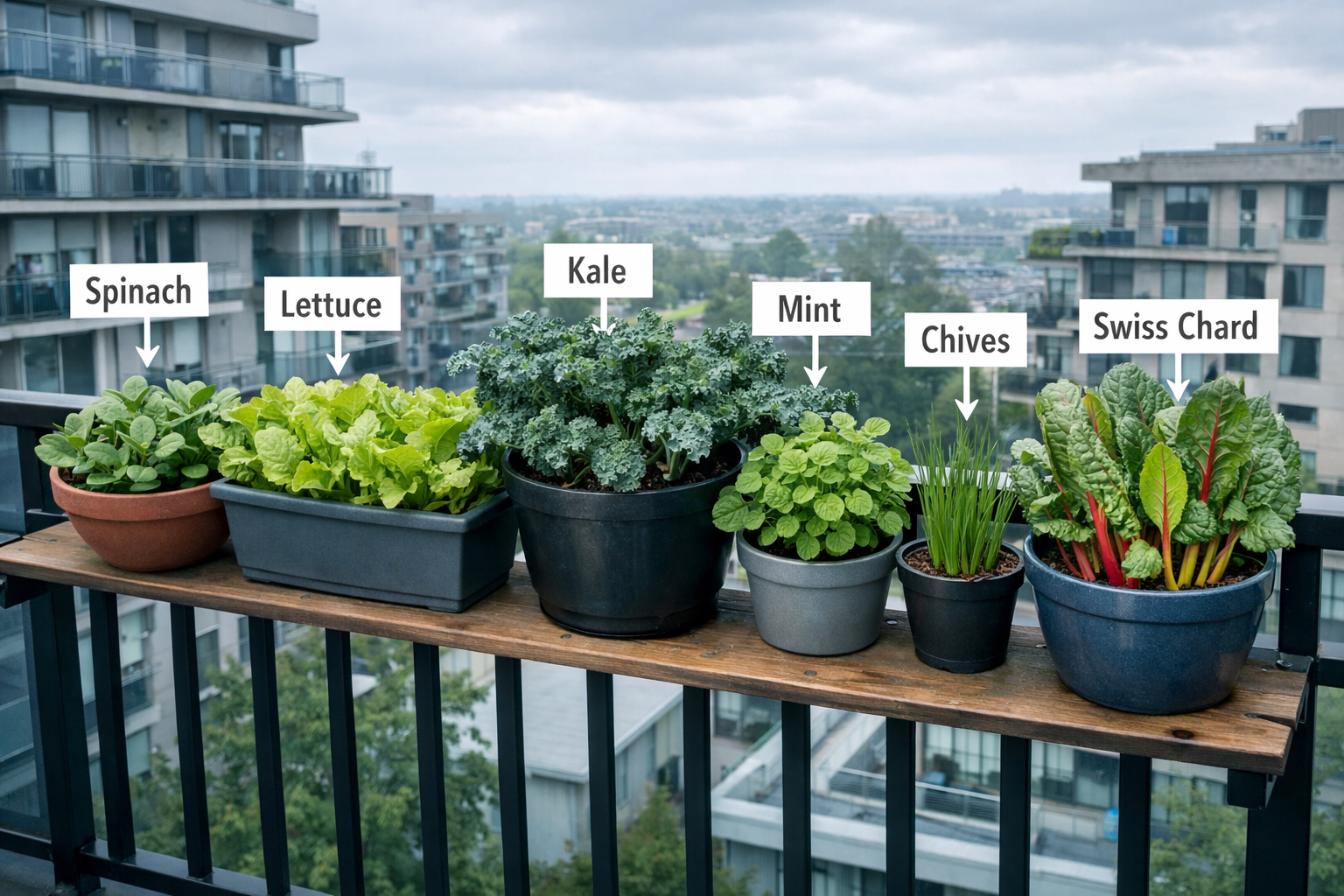 Wide () educational infographic-style illustration showing a shaded north-facing balcony with labeled container plants: