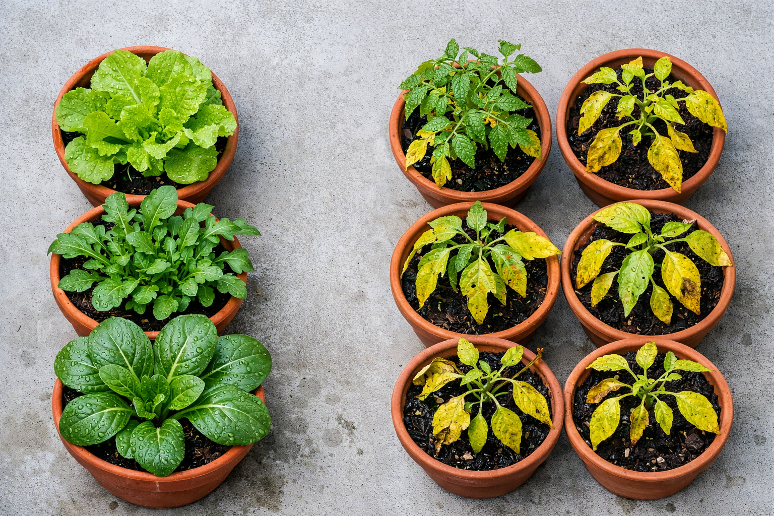 () close-up comparison flat-lay showing two rows of vegetable seedlings side by side on a concrete balcony surface: left row